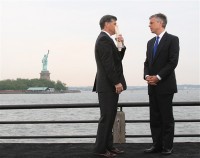 Fox Televison Anchor Sean Hannity and Jon Huntsman share a quiet moment before Huntsman's interview for Hannity's show- Hannity's America.
