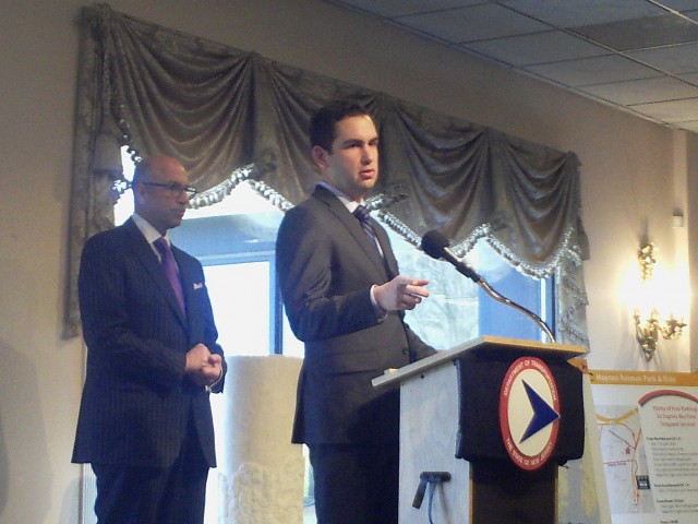  Jersey City Mayor Steven Fulop with DOT Commissioner James Simpson standing behind him at Thursday, April 10th Press conference