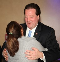 Bayonne Mayor Mark Smith is greeted by a supporter at the Chandelier Restaurant after the May 13 polls closed